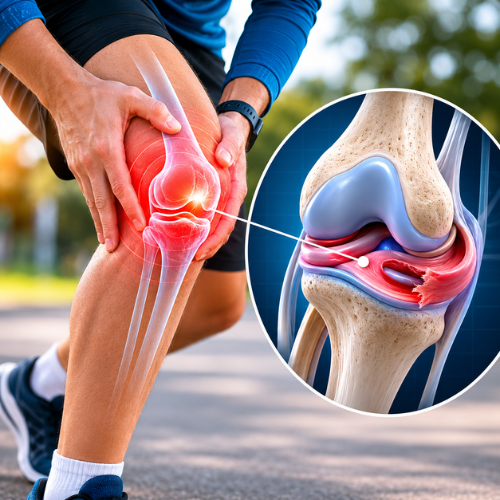 Person experiencing persistent knee pain due to a possible meniscus tear or cartilage injury.